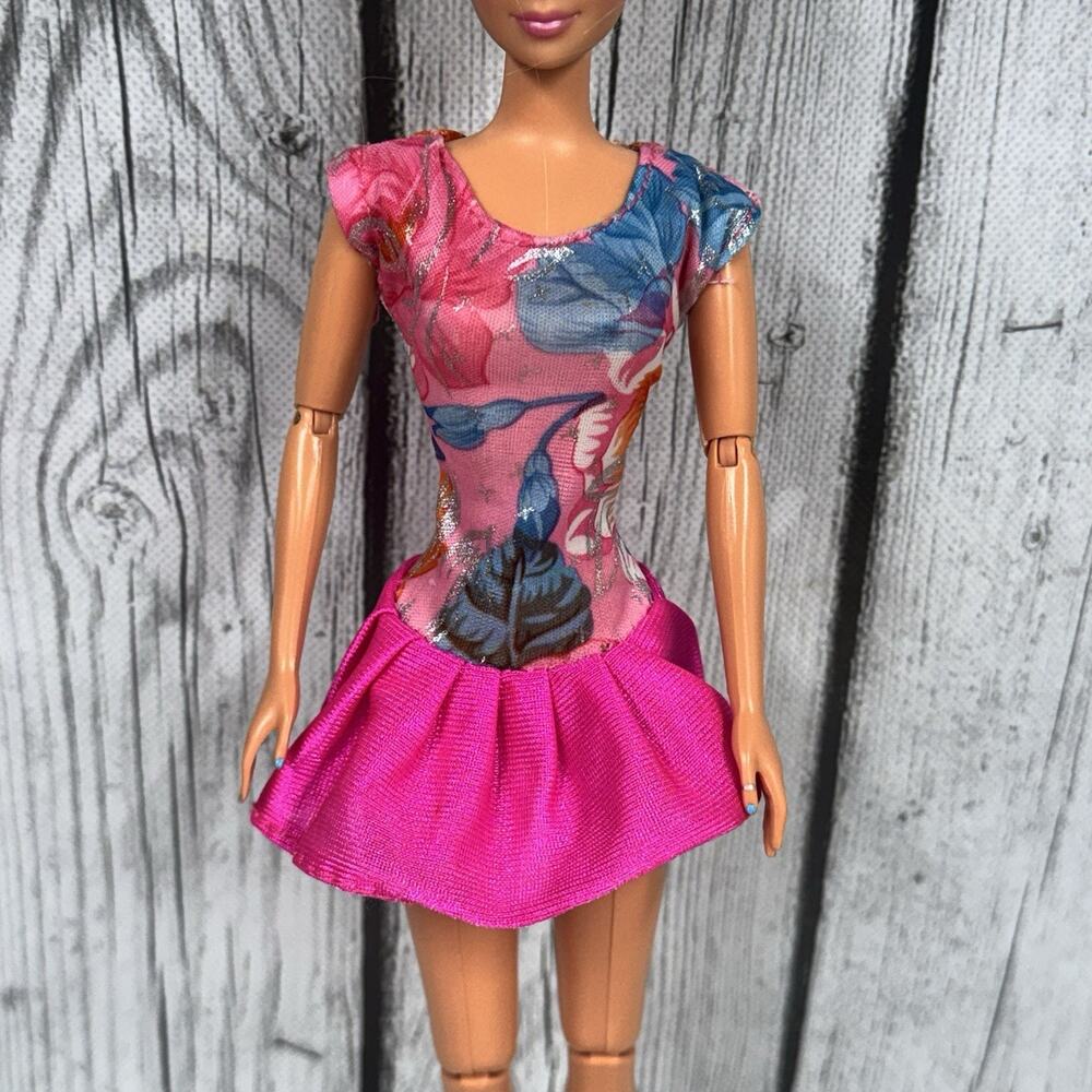 Barbie Fashion Dress Floral Print Bodice Flared Bright Pink Bottom